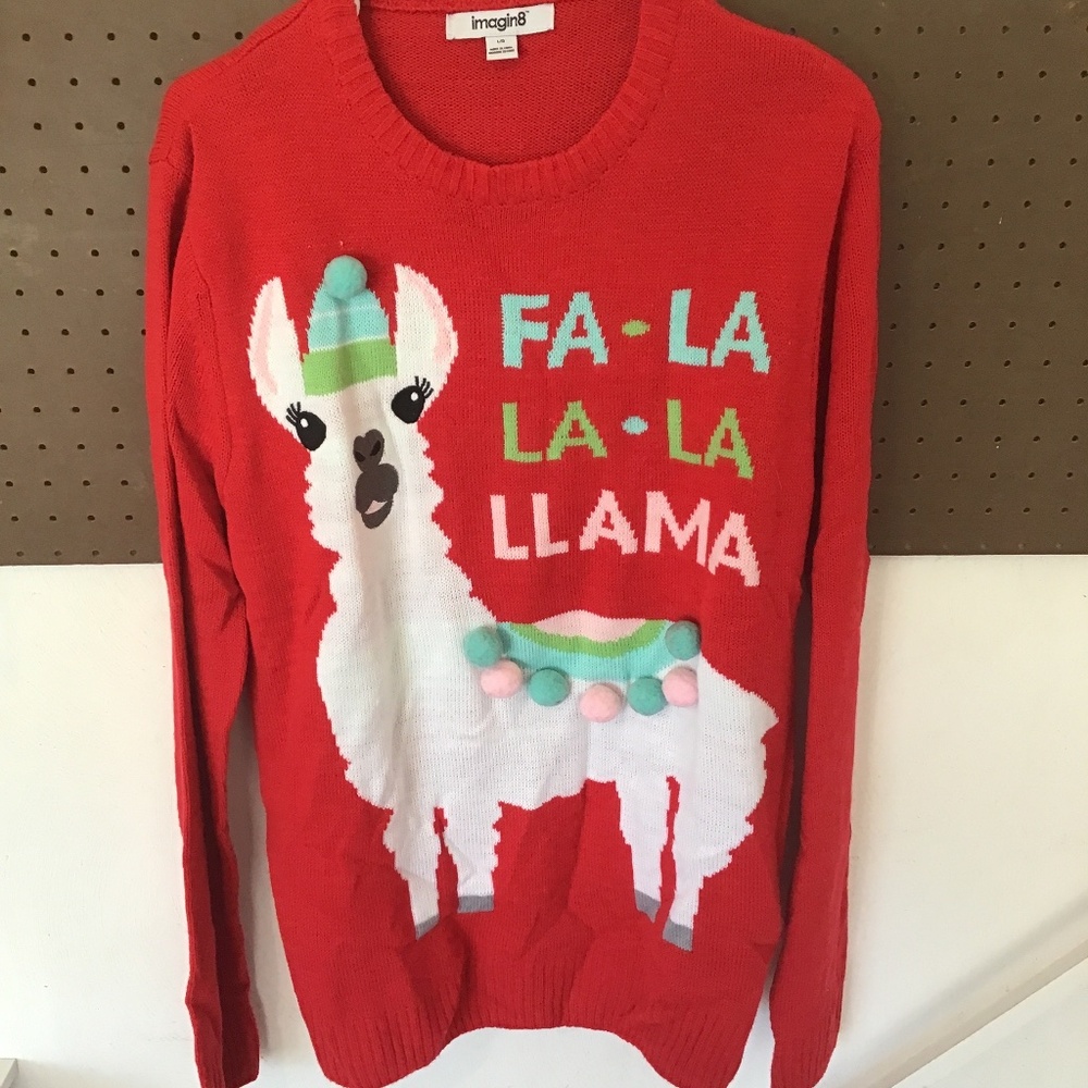 Llama Ugly Christmas Sweater Red Holiday Knit Pullover